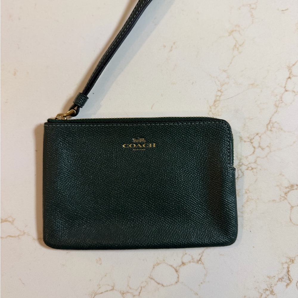 Coach Dark Green Leather Wristlet with Gold Logo